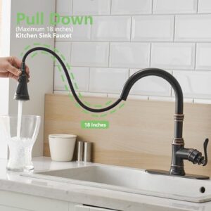 BATHLAVISH Bronze Kitchen Sink Faucet Oil Rubbed with Pull Down Sprayer Commercial Farmhouse Single Hole Single Handle with Hole Cover Plate Solid Brass Lead-Free