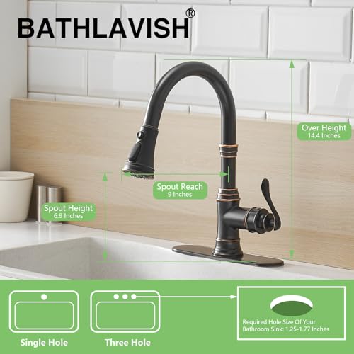 BATHLAVISH Bronze Kitchen Sink Faucet Oil Rubbed with Pull Down Sprayer Commercial Farmhouse Single Hole Single Handle with Hole Cover Plate Solid Brass Lead-Free