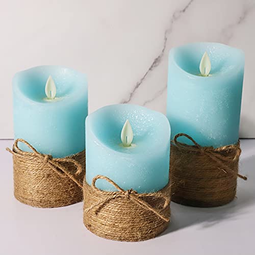 Petristrike Ocean Blue Flameless Candles, Nautical Themed Led Pillar Candles with Remote & Timer, Decorative Flickering Candles for Gifts, Party, Wedding, Home Decorations - Set of 3