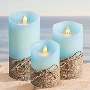 Petristrike Ocean Blue Flameless Candles, Nautical Themed Led Pillar Candles with Remote & Timer, Decorative Flickering Candles for Gifts, Party, Wedding, Home Decorations - Set of 3