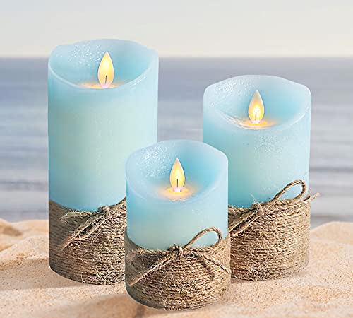 Petristrike Ocean Blue Flameless Candles, Nautical Themed Led Pillar Candles with Remote & Timer, Decorative Flickering Candles for Gifts, Party, Wedding, Home Decorations - Set of 3