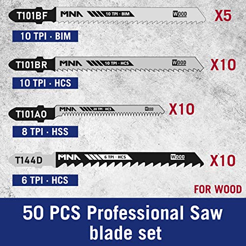 MNA Multi-Purpose Jig-Saw Blades, 50 Pieces, Assorted Jig Saw Kit Value Pack for Wood, Plastic and Metal Cutting with Carry Case