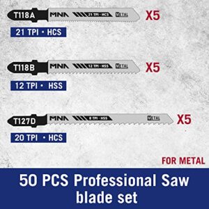 MNA Multi-Purpose Jig-Saw Blades, 50 Pieces, Assorted Jig Saw Kit Value Pack for Wood, Plastic and Metal Cutting with Carry Case