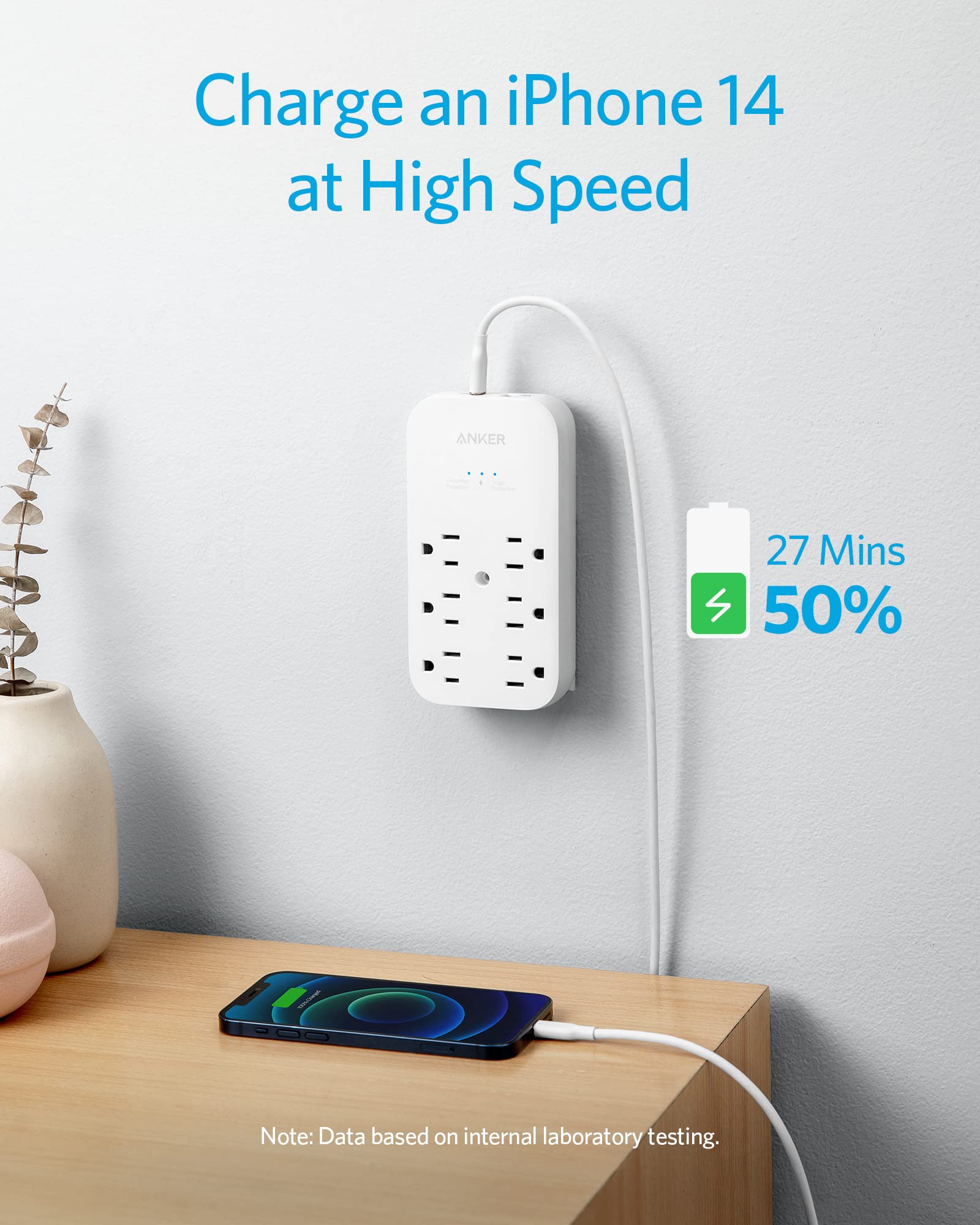 Anker Outlet Extender and USB Wall Charger, 6 Outlets and 2 USB Ports, 20W USB C Power Delivery High-Speed Charging iPhone 15/15 Plus/15 Pro/15 Pro Max, Multi-Plug for Dorm, Home, and Office, White