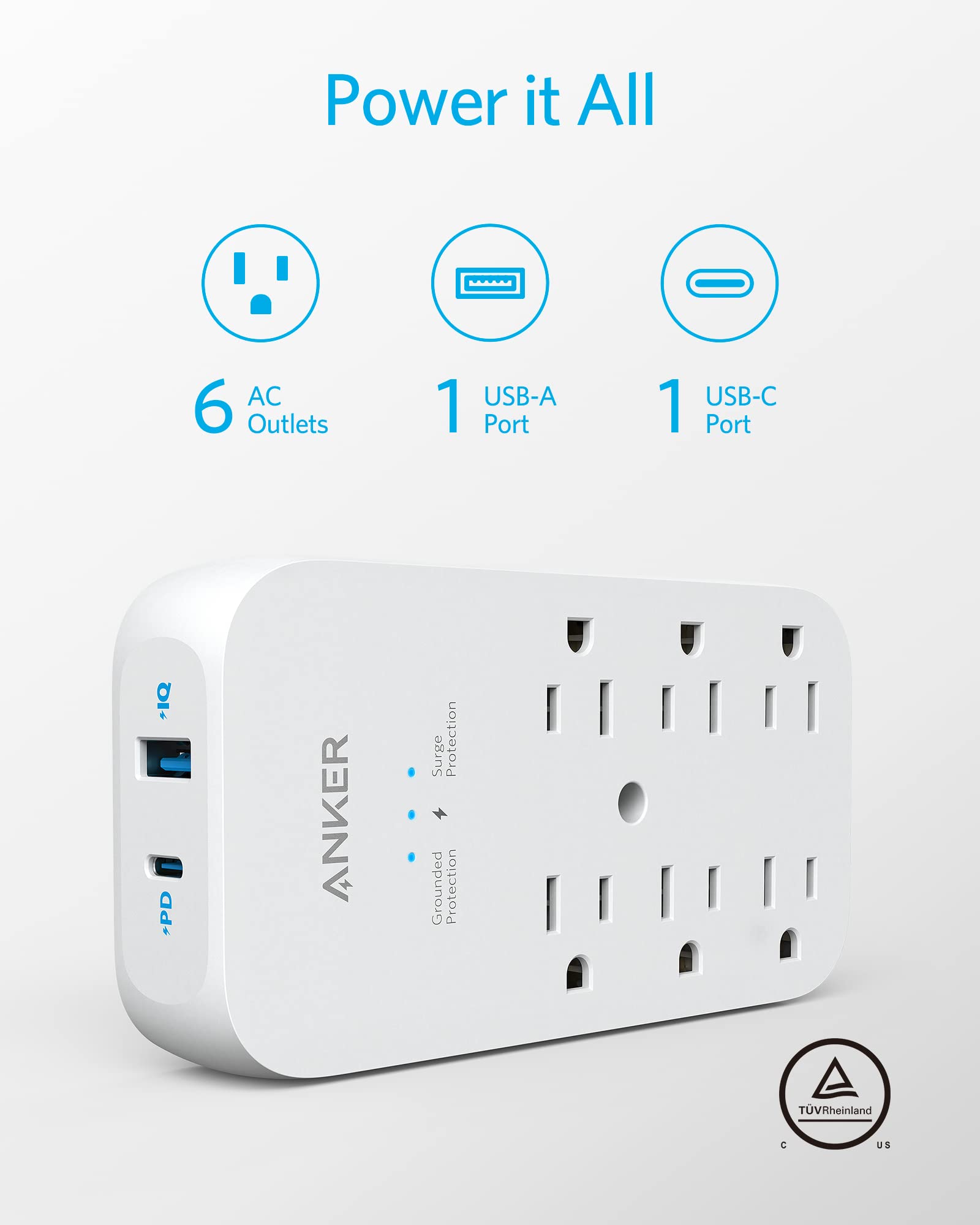 Anker Outlet Extender and USB Wall Charger, 6 Outlets and 2 USB Ports, 20W USB C Power Delivery High-Speed Charging iPhone 15/15 Plus/15 Pro/15 Pro Max, Multi-Plug for Dorm, Home, and Office, White