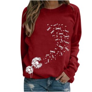 MELDVDIB Long Sleeve Shirts For Women Round Neck Dandelion Print Tee Pullover T-Shirt Casual Loose Workout Blouses Tops (Red, S)