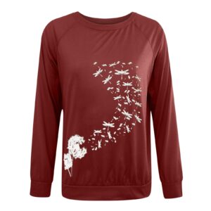 MELDVDIB Long Sleeve Shirts For Women Round Neck Dandelion Print Tee Pullover T-Shirt Casual Loose Workout Blouses Tops (Red, S)