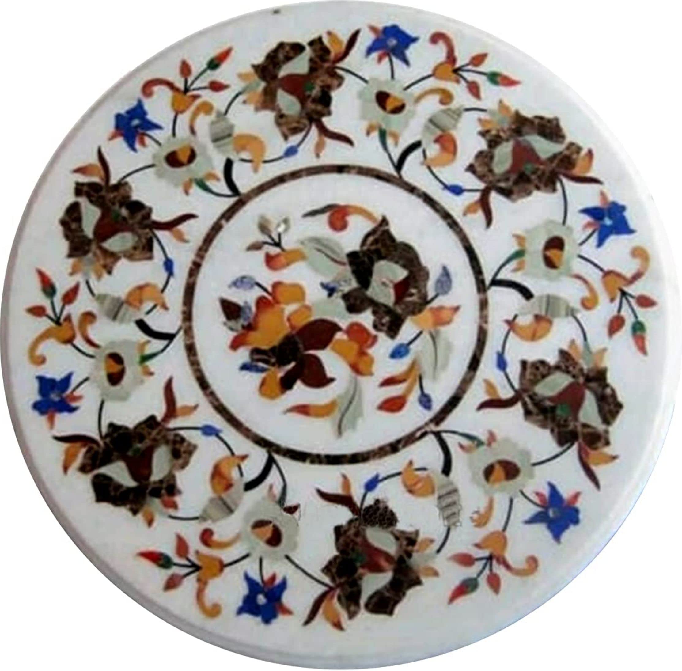 Pietra Dura White Marble Round 27" x 27" Inch Dining Table Top, Stone Coffee Table Top, Marble Centre Table Top Natural Indian Makrana White Marble Table Top, Piece Of Conversation