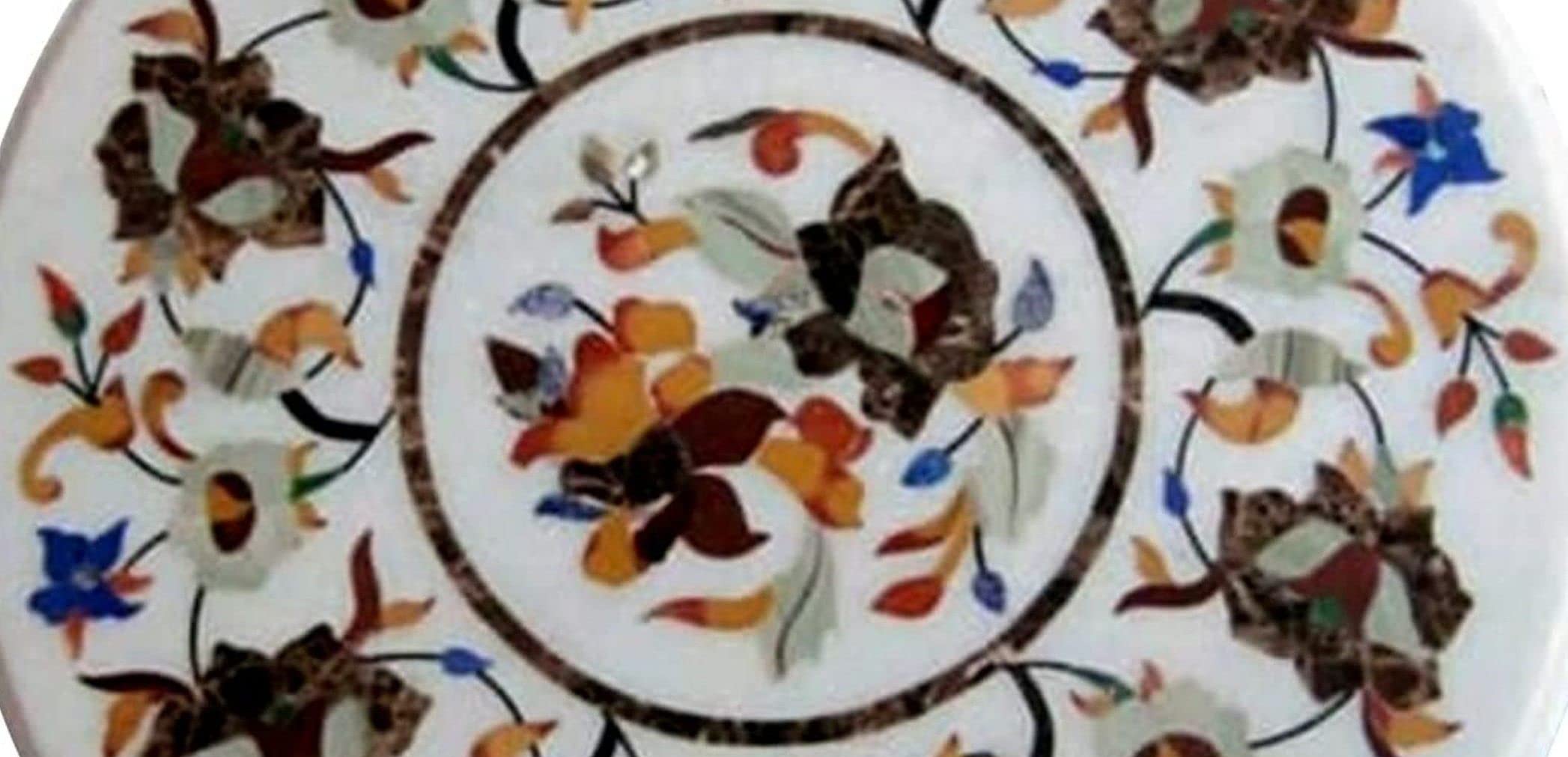 Pietra Dura White Marble Round 27" x 27" Inch Dining Table Top, Stone Coffee Table Top, Marble Centre Table Top Natural Indian Makrana White Marble Table Top, Piece Of Conversation