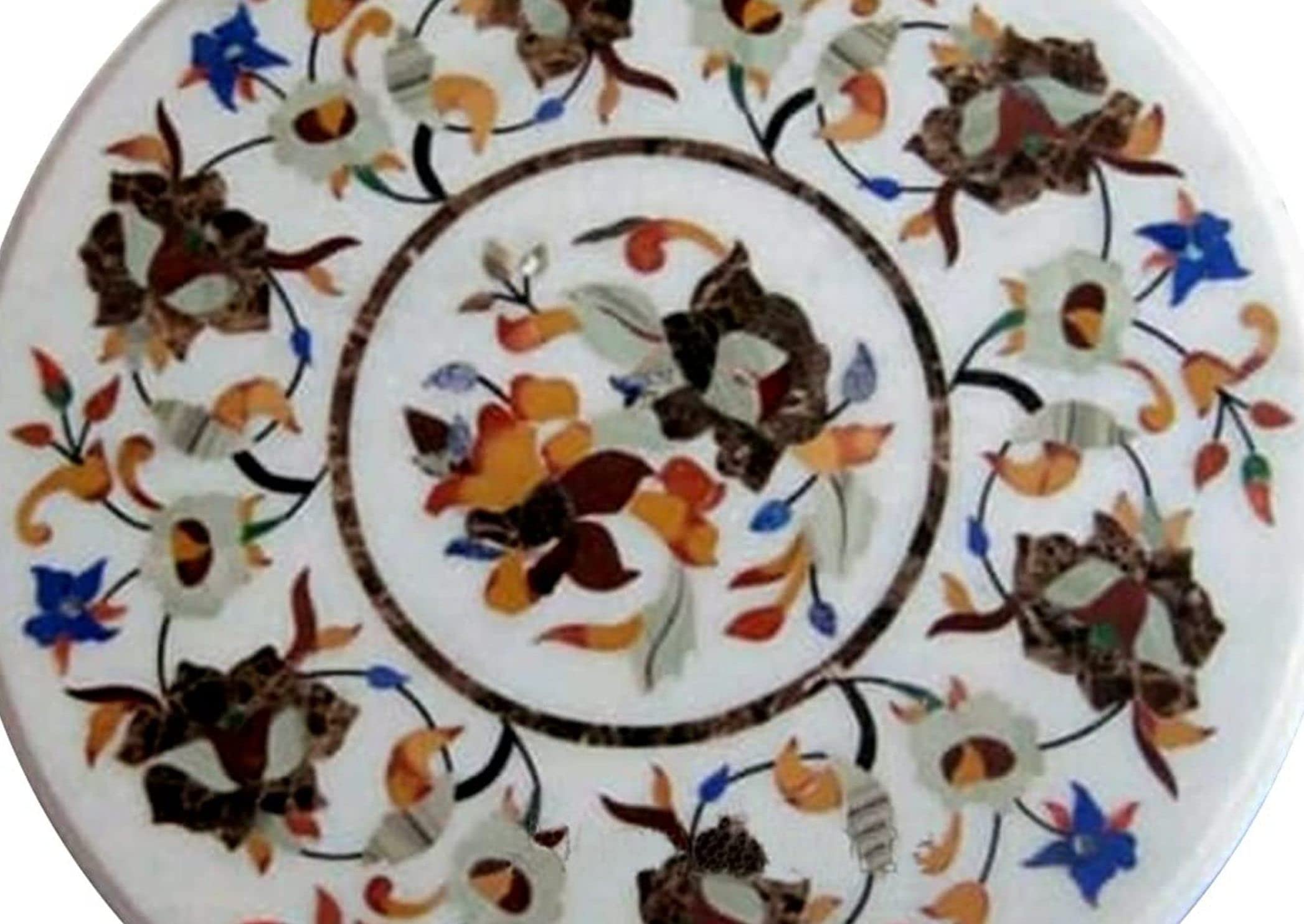 Pietra Dura White Marble Round 27" x 27" Inch Dining Table Top, Stone Coffee Table Top, Marble Centre Table Top Natural Indian Makrana White Marble Table Top, Piece Of Conversation