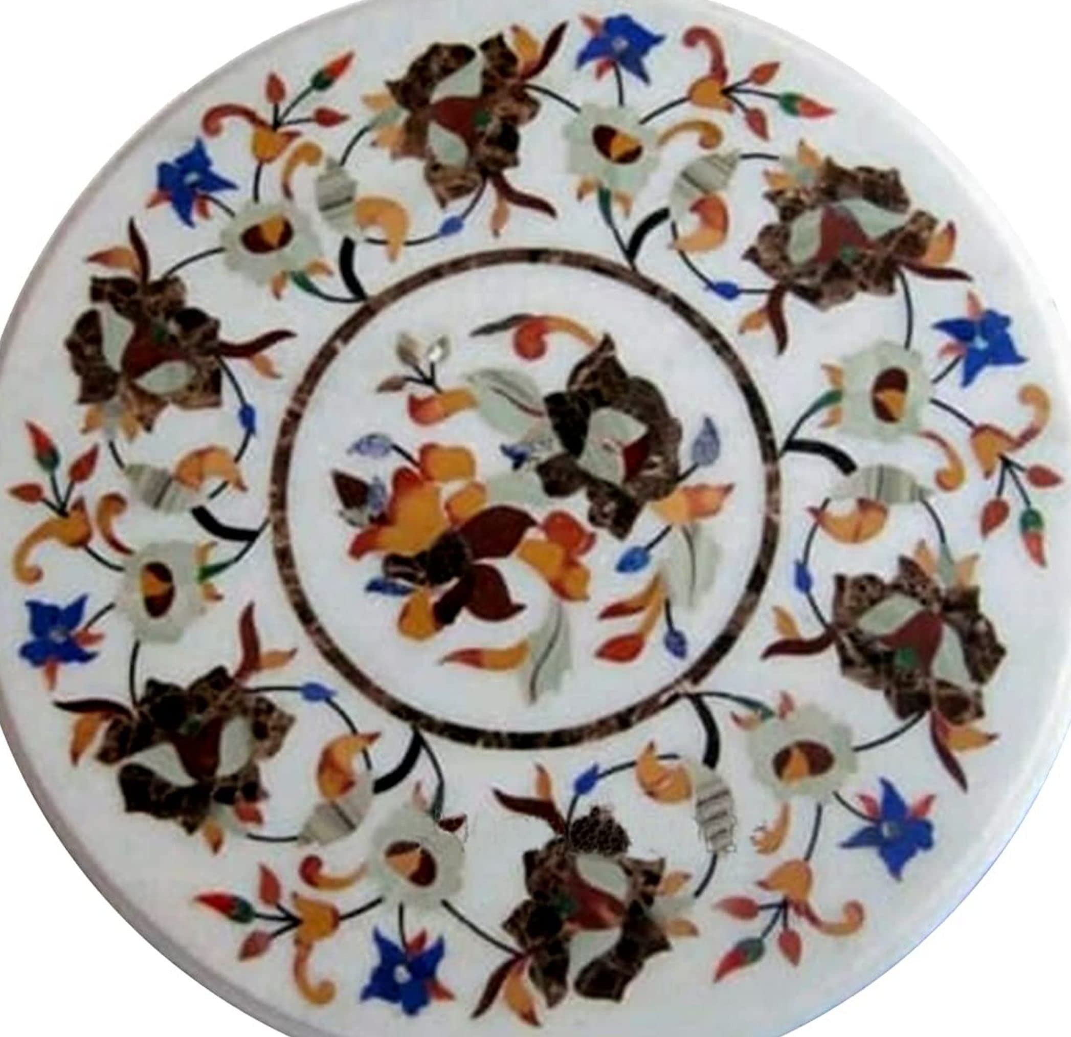 Pietra Dura White Marble Round 27" x 27" Inch Dining Table Top, Stone Coffee Table Top, Marble Centre Table Top Natural Indian Makrana White Marble Table Top, Piece Of Conversation