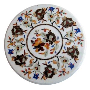 Pietra Dura White Marble Round 27" x 27" Inch Dining Table Top, Stone Coffee Table Top, Marble Centre Table Top Natural Indian Makrana White Marble Table Top, Piece Of Conversation