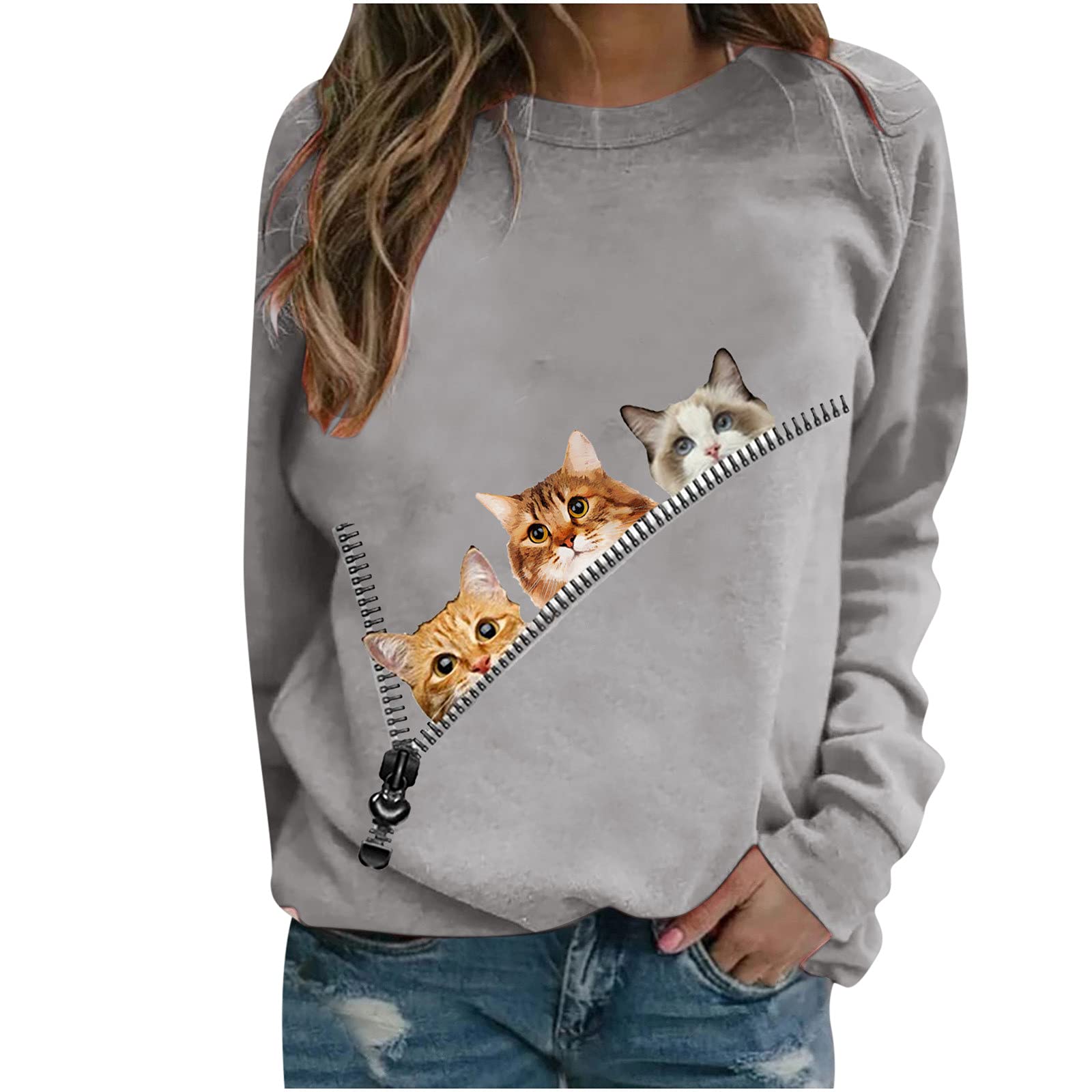 MELDVDIB Long Sleeve Shirts For Women Round Neck Cat Print Tee Pullover T-Shirt Casual Loose Workout Blouses Tops (Gray, S)