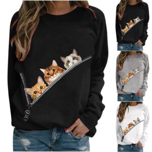 MELDVDIB Long Sleeve Shirts For Women Round Neck Cat Print Tee Pullover T-Shirt Casual Loose Workout Blouses Tops (Gray, S)