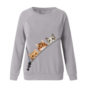 MELDVDIB Long Sleeve Shirts For Women Round Neck Cat Print Tee Pullover T-Shirt Casual Loose Workout Blouses Tops (Gray, S)