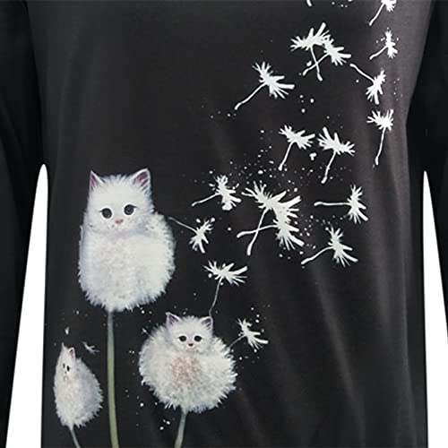 MELDVDIB Womens Long Sleeve Shirts Round Neck Cute Cat Print Tee Pullover T-Shirt Casual Loose Workout Blouses Tops (Black, L)