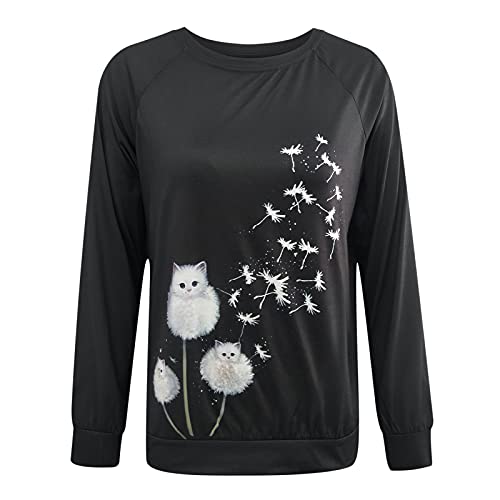 MELDVDIB Womens Long Sleeve Shirts Round Neck Cute Cat Print Tee Pullover T-Shirt Casual Loose Workout Blouses Tops (Black, L)