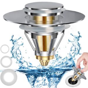 2.0 upgraded universal bathroom sink stopper pop up, sink drain plug for 1.06-1.80'' drain holes, bathroom stainless steel sink drain filter with basket (silver 1pc)