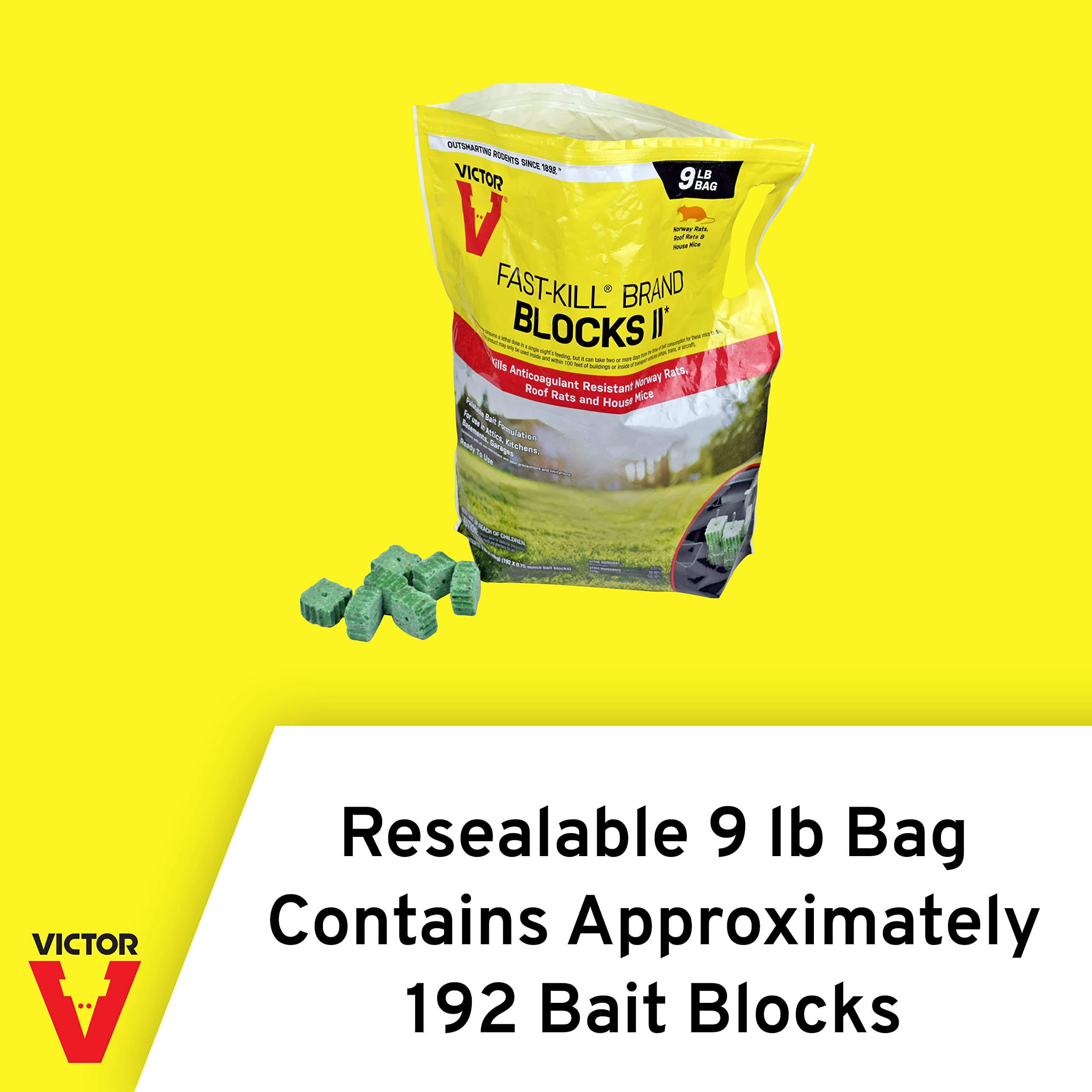 Victor M909 Fast-Kill Mouse & Rat Poison Rodenticide Bait Blocks Killer - Kills Roof Rats, Anticoagulant Resistant Norway Rats, and House Mice - 9 lb