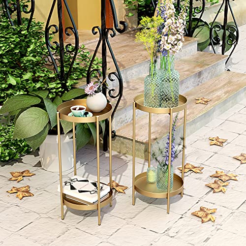 OVICAR Plant Stand Indoor Outdoor - Flower Pot Holder Metal Plant Rack Organizer, 2 Tiers Tall Plant Display Storage Shelf Table For Home Garden Patio Bathroom Office Living Room Balcony Corner (gold)