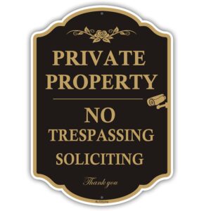 private property sign no trespassing sign, no soliciting signs, cctv ip camera video surveillance warning metal signs, 14 x 10 inches rust free aluminum metal sign, 1 pack