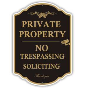 Private Property Sign No Trespassing Sign, No Soliciting Signs, CCTV IP Camera Video Surveillance Warning Metal Signs, 14 x 10 Inches Rust Free Aluminum Metal Sign, 1 Pack