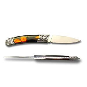 GAJING Carved Handle Decorative Folding Knife 3" mirror finish Blade Slipjoint Knife with Resin Handle Steel Bolsters EDC Knife Trigger Lock Stainless Steel