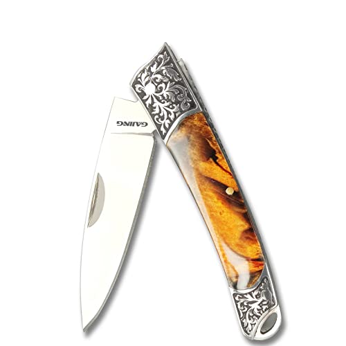 GAJING Carved Handle Decorative Folding Knife 3" mirror finish Blade Slipjoint Knife with Resin Handle Steel Bolsters EDC Knife Trigger Lock Stainless Steel