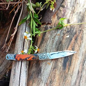 GAJING Carved Handle Decorative Folding Knife 3" mirror finish Blade Slipjoint Knife with Resin Handle Steel Bolsters EDC Knife Trigger Lock Stainless Steel