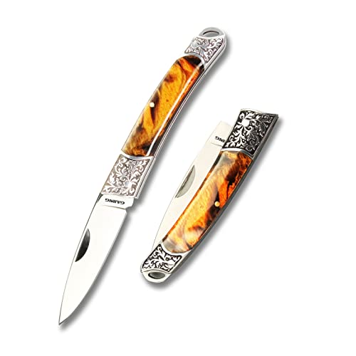 GAJING Carved Handle Decorative Folding Knife 3" mirror finish Blade Slipjoint Knife with Resin Handle Steel Bolsters EDC Knife Trigger Lock Stainless Steel