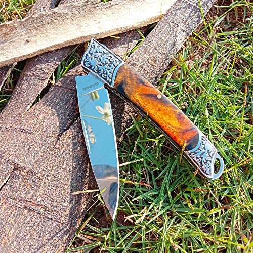 GAJING Carved Handle Decorative Folding Knife 3" mirror finish Blade Slipjoint Knife with Resin Handle Steel Bolsters EDC Knife Trigger Lock Stainless Steel