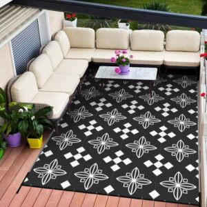 hicooe plastic straw outdoor rugs for patio clearance 5x7' waterproof outside rug modern indoor area mats for deck rv porch beach trailer floor balcony backyard camping (black & white)