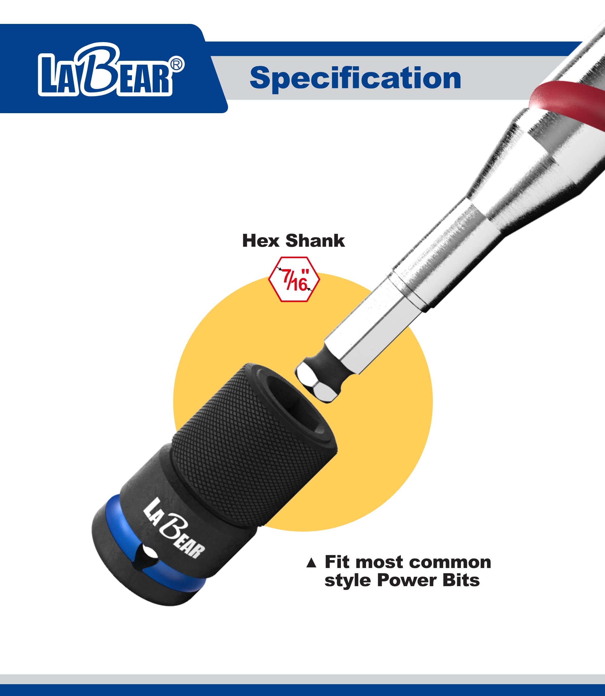 LaBear - 1PC 1/2 to 7/16 hex adapter, 1/2"Drive to 7/16" Hex Drive Quick Change Adapter