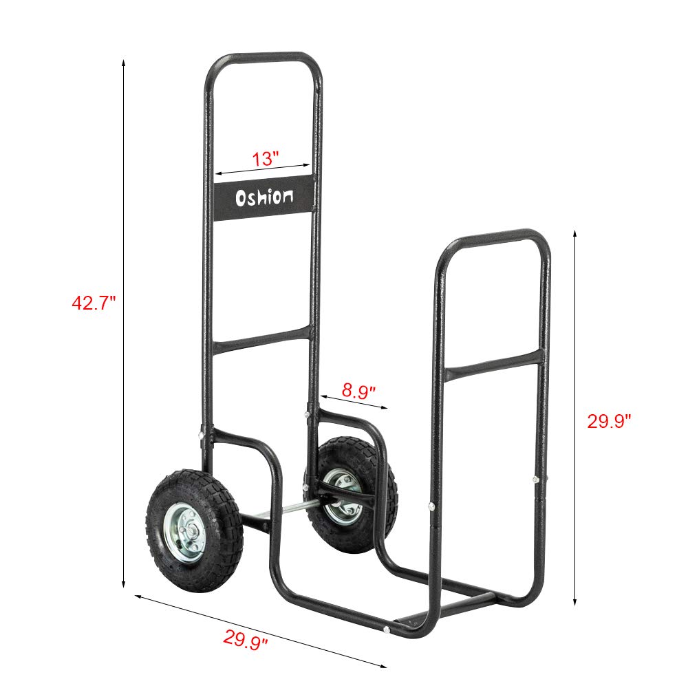 Ochine Firewood Log Cart Carrier Wood Rack, 43.3 x 28 x 17.7 in, 220lb Loading Capacity, Black Powder-Coated Steel