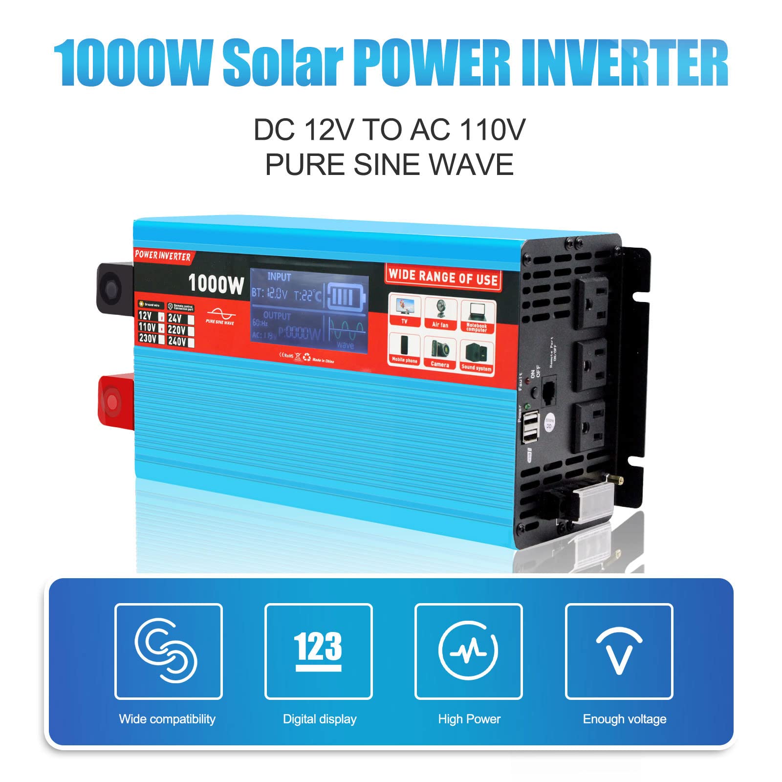 POWLAND 3000W Solar Inverter 24V DC to 110V/120V AC, Pure Sine Wave All-in ONE Built-in MPPT Charge Controller Work with Lead Acid Lithium Gel Battery for Off-Grid System