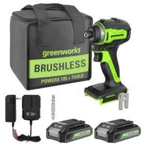greenworks 24v brushless 1/4" cordless impact driver, (2) 2.0ah batteries, compact charger, and bag included