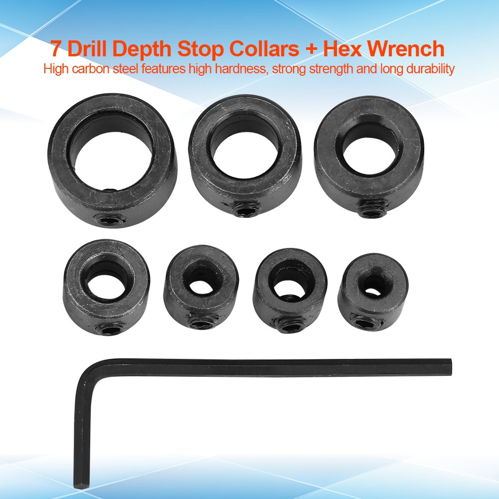 7Pcs/Set Drill Depth Stop, Drill Bit Depth Stop Drill Stop Rings Set 3-12mm Collars Limit Ring Chuck Positioner Locator with Hex Wrench Woodworking Tool