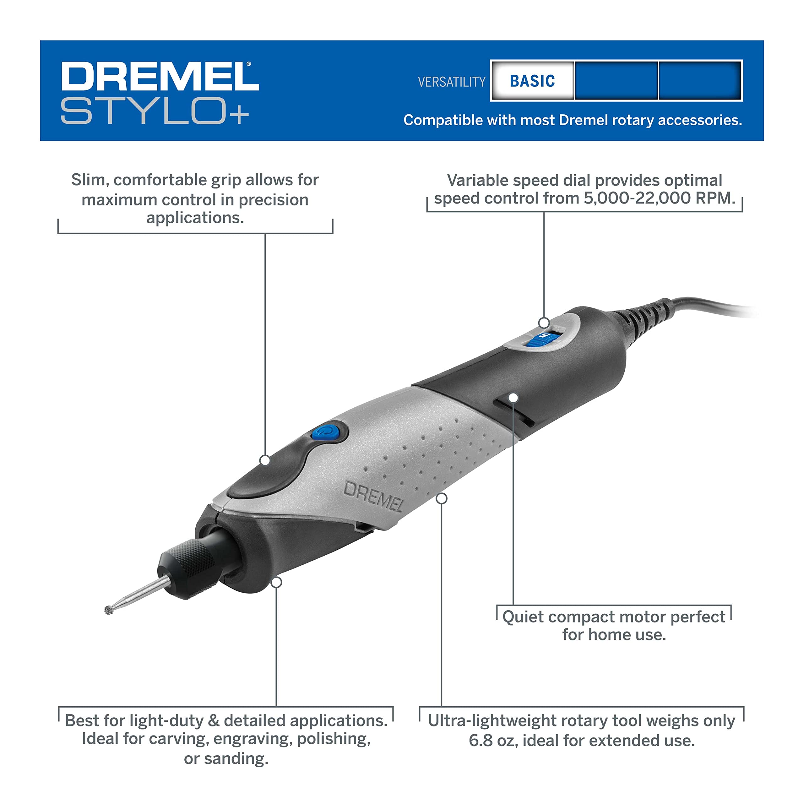 Dremel 2050-15 Stylo+ Versatile Craft Rotary Tool, Wood Carving Detail Tool with Keyless Chuck