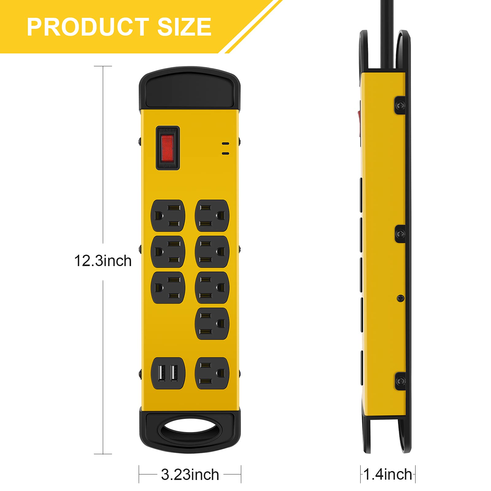 Heavy Duty Surge Protector with USB,8 Outlets Metal Power Strip,Heavy Duty Power Strip with 6ft Cord,1800 Joules,15A Circuit Breaker,Wall Mount,Workshop,Garage Extension Cord