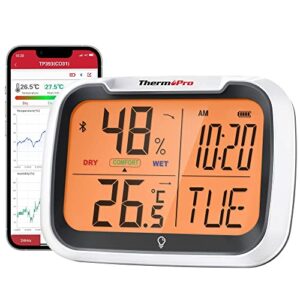 thermopro tp393 hygrometer indoor thermometer for home, bluetooth hygrometer thermometer range to 260ft via smart app, rechargeable humidity meter room thermometer and clock with large size, backlit