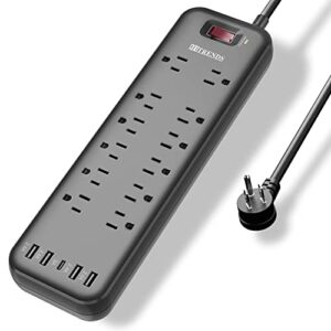 power strip surge protector with 12 outlets & 4 usb ports & 1 usb-c port (5v/3a), 2360 joules, angled flat plug, spaced outlets & etl listed power outlet for home office - black