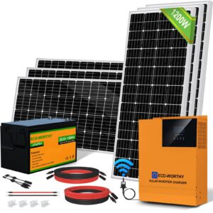 eco-worthy 4.8kwh solar power complete kit 1200w 24v with lithium battery and inverter for home: 6pcs 195w solar panel + 1pc 25.6v 100ah li-battery + 3000w mppt hybrid charger inverter