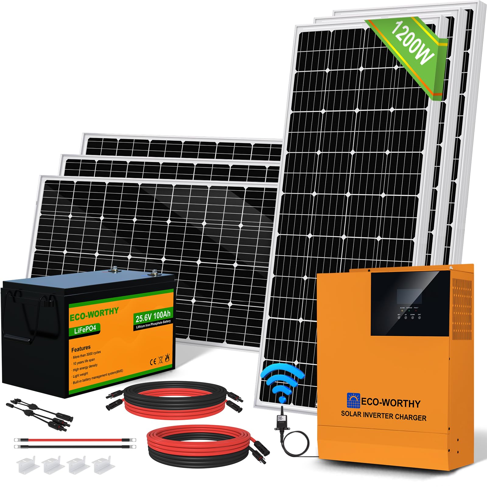 ECO-WORTHY 4.8KWH Solar Power Complete Kit 1200W 24V with Lithium Battery and Inverter for Home: 6pcs 195W Solar Panel + 1pc 25.6V 100Ah Li-Battery + 3000W MPPT Hybrid Charger Inverter