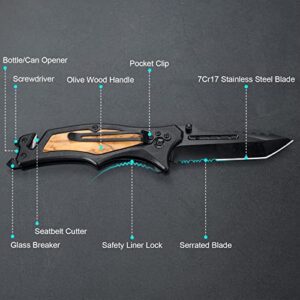 GVDV Utility Pocket Knife - 6 in 1 Folding Knife with Glass Breaker, Bottle Opener, Multi-function Knife for Survival Camping Hunting, Gifts for Men