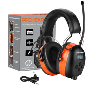 prohear 027 am fm radio headphones with digital display, 25db nrr, safety ear protection earmuffs for mowing, snowblowing, construction, work shops - orange