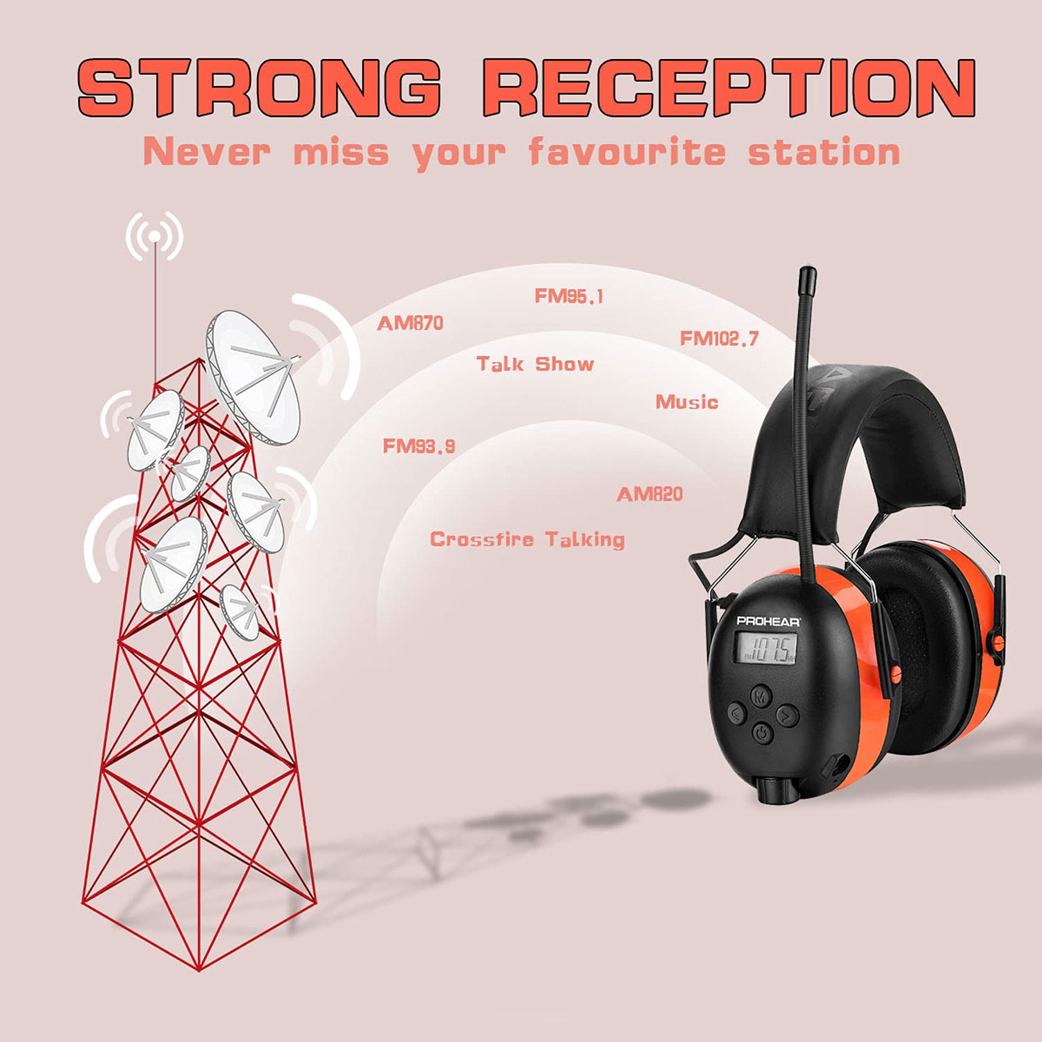 PROHEAR 027 AM FM Radio Headphones with Digital Display, 25dB NRR, Safety Ear Protection Earmuffs for Mowing, Snowblowing, Construction, Work Shops - Orange