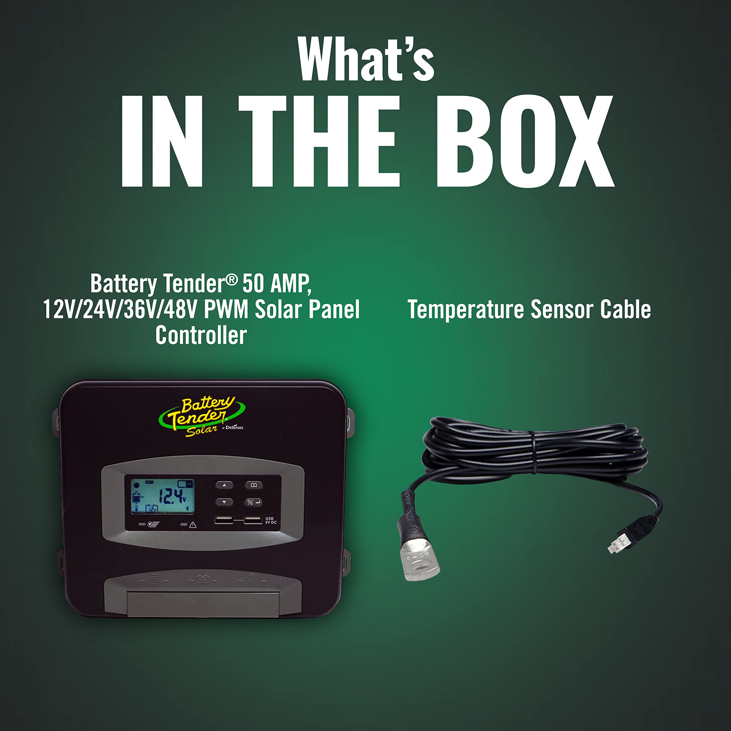 Battery Tender 50 AMP PWM Solar Charge Controller with Dual USB Port and LCD Screen, Suitable for 12, 24, 36, 48 Volt Lead Acid, AGM, Gel, and 12 Volt Lithium Batteries