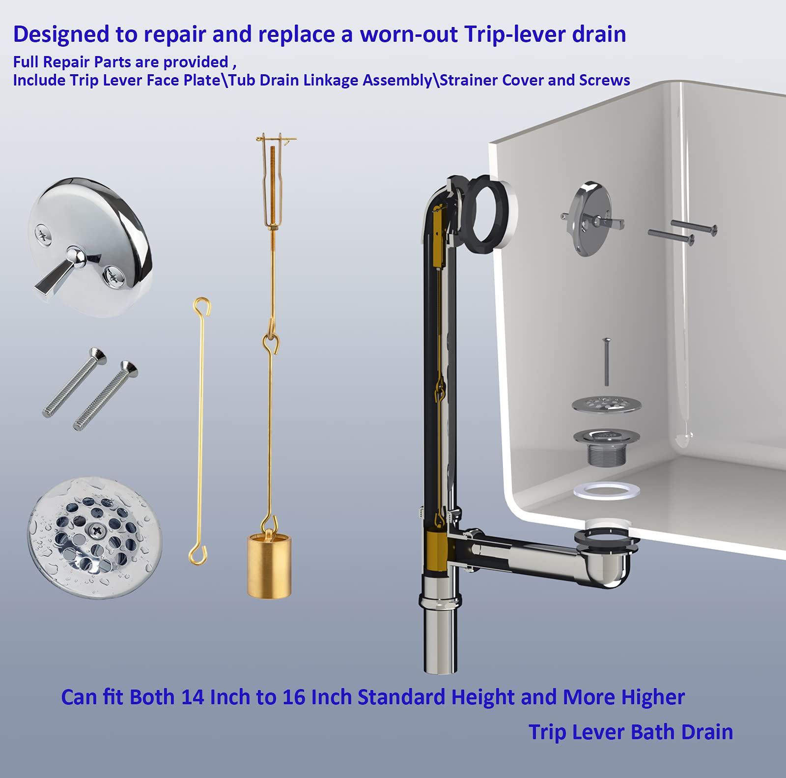 Tub Drain Linkage Assembly with Trip Lever and Strainer Done Cove, Fit for Trip Lever Bath Tub Waste and Overflow Drain by Artiwell