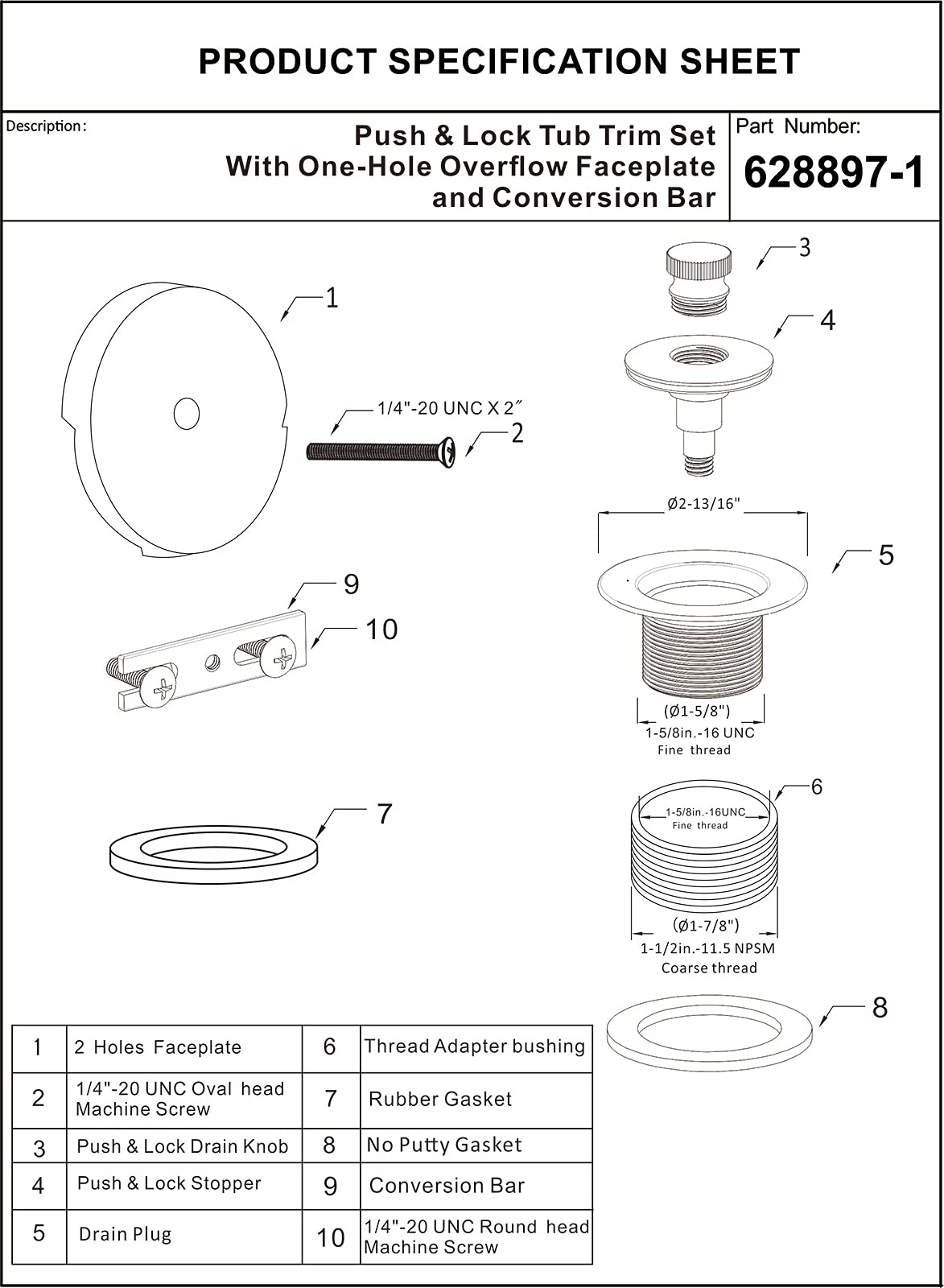 Artiwell Push & Lock Tub Trim Set with Single-Hole Overflow Faceplate, Bathtub Conversion Kit Assembly with Conversion Bar, Universal Fine/Coarse Thread, No Putty Installation (Brushed Gold)