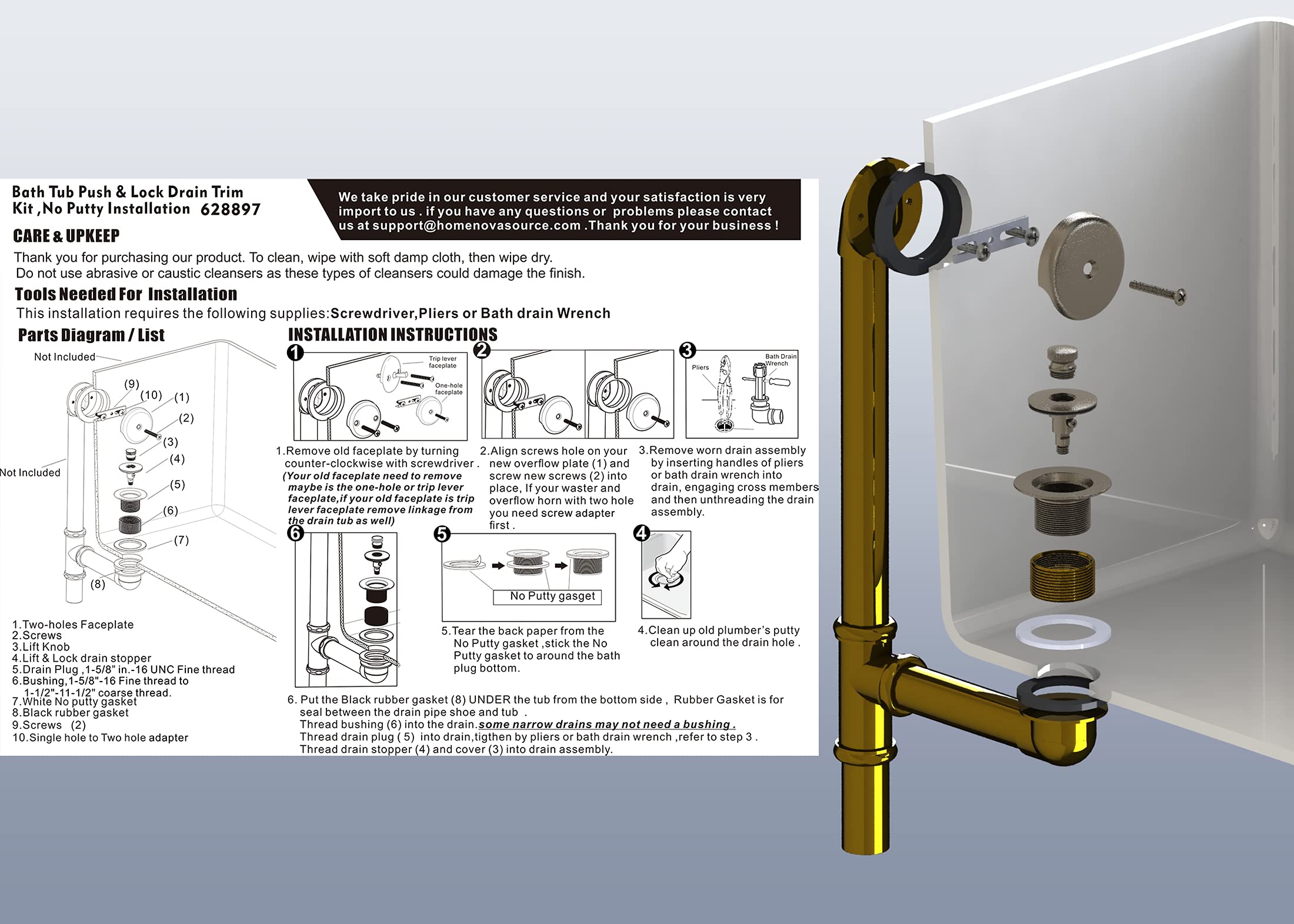 Artiwell Push & Lock Tub Trim Set with Single-Hole Overflow Faceplate, Bathtub Conversion Kit Assembly with Conversion Bar, Universal Fine/Coarse Thread, No Putty Installation (Brushed Gold)